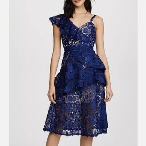 Alice + Olivia Florrie Lace Ruffle Midi Dress in Navy Blue Size 0 Like N…